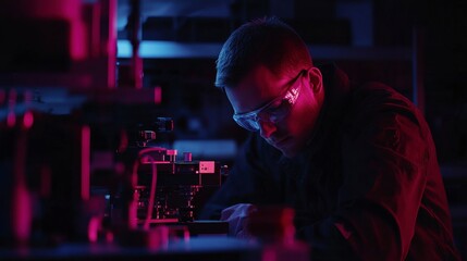 A focused engineer wearing protective glasses works diligently on a scientific project in a dimly lit laboratory, utilizing advanced technology and tools during research and development.