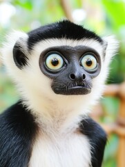 A baby monkey with red eyes stands on a sandy beach