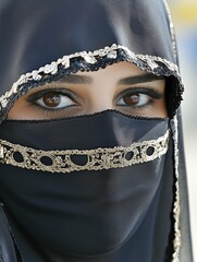 Naklejka premium A woman wearing a black veil with gold accents