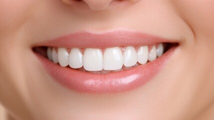 Obraz premium Close-up of a woman's mouth, showing her teeth. the teeth are white and appear to be healthy and well-groomed.