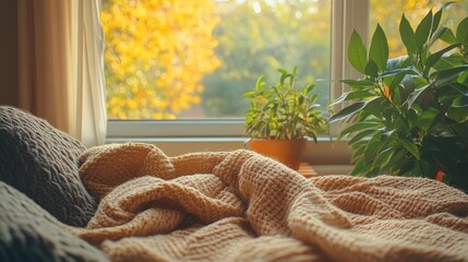 Cozy Autumn Bedroom with Fall Colors Outside