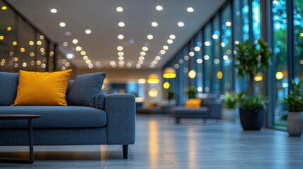 Modern lounge area featuring blue sofa with yellow cushions, illuminated by warm lighting in an elegant setting