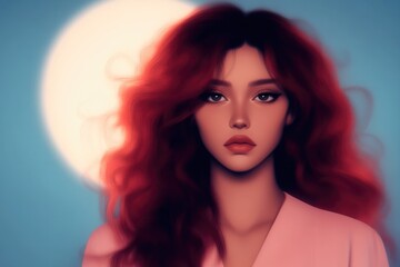 Naklejka premium A regal woman with flowing red hair stands gracefully beneath the ethereal glow of the moon, presenting a sense of mystery and beauty in a soft, dreamlike scene.