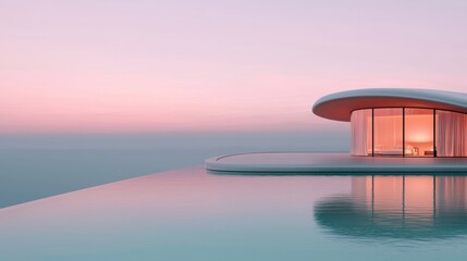 Modern house on the edge of a swimming pool. the house is a circular structure with a curved roof and large windows on the right side.