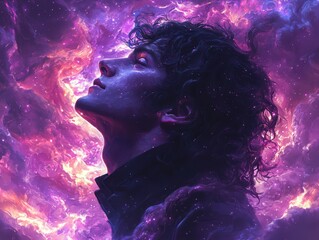 Fototapeta premium Ethereal silhouette of a man gazing at cosmic wonders abstract art digital realm profile perspective mystical exploration