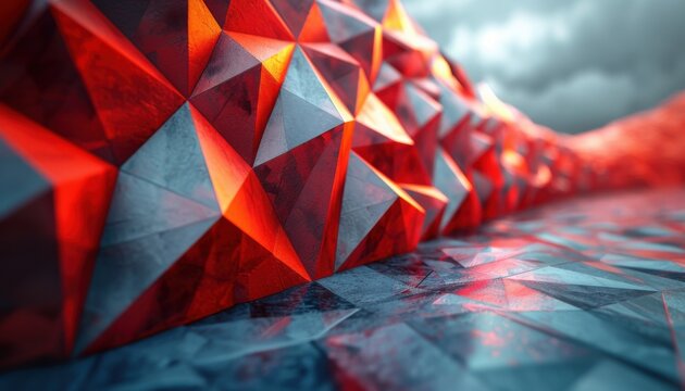 A wall of red and white triangles with a blue background