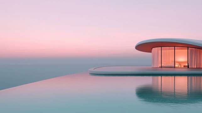 Modern house on the edge of a swimming pool. the house is a circular structure with a curved roof and large windows on the right side.