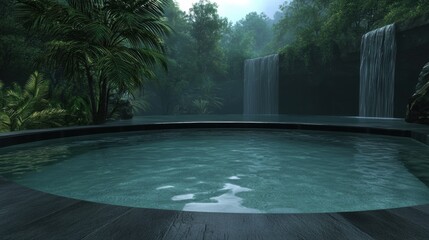 Beautiful outdoor swimming pool with a waterfall in the background. the pool is circular in shape and is filled with crystal clear water.