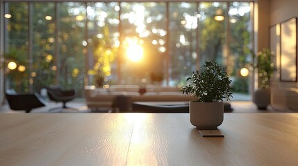 Fototapeta premium Bright sunlight streams through a modern living space with green plants and cozy furniture during sunset