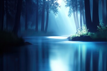 Obraz premium A tranquil forest scene featuring a serene river reflecting a soft blue luminescence, surrounded by towering trees and captivating natural light.