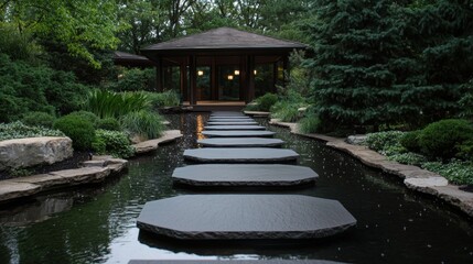 Fototapeta premium Beautiful garden with a small pond in the center. the pond is surrounded by lush greenery and trees, and there are several stepping stones arranged in a circular pattern on the water's surface.