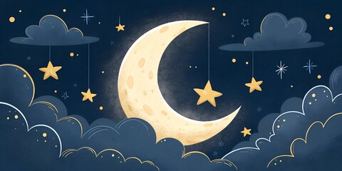 Naklejka premium glowing crescent moon surrounded by floating clouds and stars on a dark indigo background