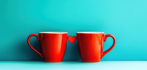 Two red cups with a cute heart between them on a bold blue and teal background, adding a pop of contrast.