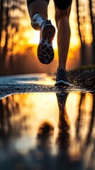 A close-up of the runner's shoes and their reflection in puddles, with a blurred background of trees at sunset.