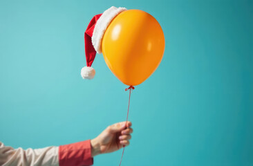 hand holding color flying balloon with santa hat isolated