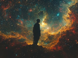 Obraz premium A dark silhouette of a man contemplating the cosmic galaxy space digital art nebula high fidelity mystical concept
