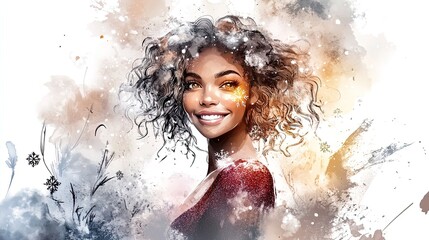 Cheerful Winter Portrait: Curly-Haired Woman in Red Glittery Top Against Fluffy Snow Background – Perfect for Holiday Interior Décor or Festive Posters!