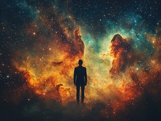 Obraz premium A dark silhouette of a man amidst cosmic wonders universe digital art surreal environment captivating viewpoint imagination unleashed