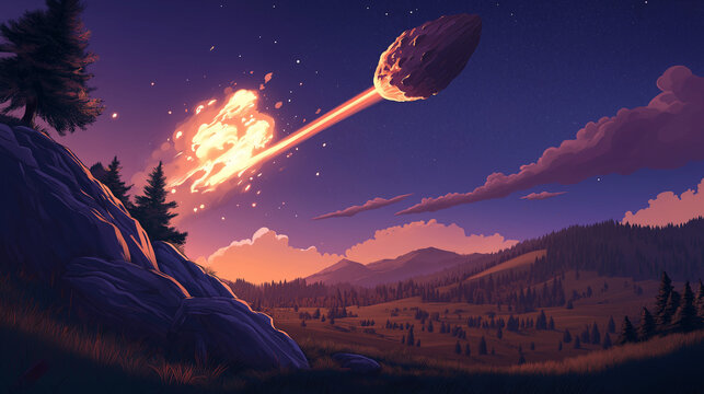 Meteor streaking across twilight sky over serene valley