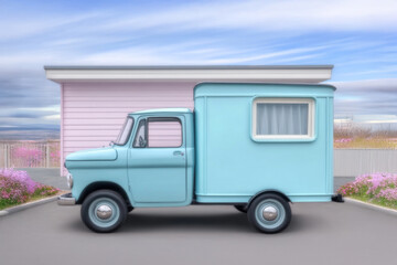 A vintage-style blue truck is parked by a pastel pink house, creating a picturesque scene that blends retro charm with vibrant colors and idyllic suburban life.