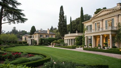 Obraz premium Elegant Mansion with Manicured Landscaping and Gardens