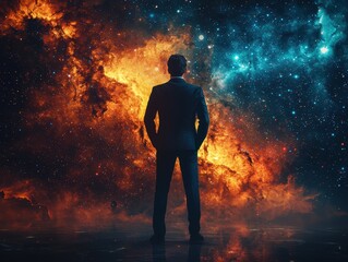 Man silhouetted against cosmic explosion space digital art futuristic dramatic inspiration and exploration