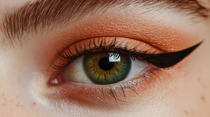 Obraz premium Close up Macro Shot of a Woman s Eye with Orange Eyeshadow and Black Winged Eyeliner