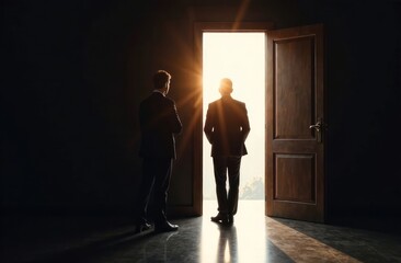 Obraz premium businessmen stand with their backs to a dark room near an open door through which the sun shines