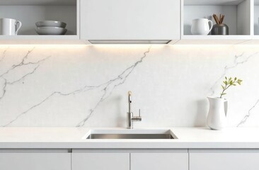 White empty marble countertop design white tile wall, kitchen countertop background tile wall for products and design