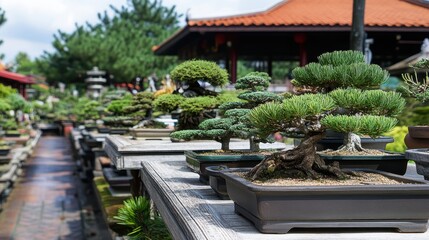 A serene bonsai garden showcasing various meticulously cared-for bonsai trees.