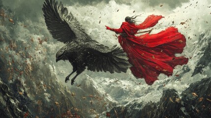 Red-robed figure flying with large black bird, mountainous backdrop.
