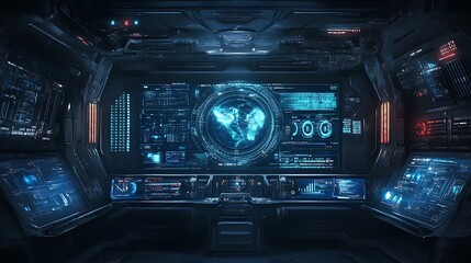 Obraz premium Futuristic Spaceship Bridge: Global Monitoring System