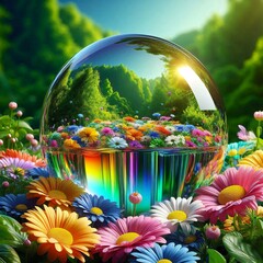 Glass ball reflecting landscape with flowers and trees