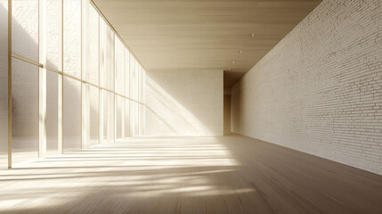 Sunlit Modern Gallery Interior  White Brick Wall  Wooden Floor  Large Windows
