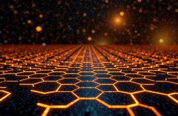 Obraz premium Hexagons neon yellow glowing abstract pattern surface empty space background, textured abstract background with neon glowing hexagons forms and shapes, hi-tech neon space background and stage.