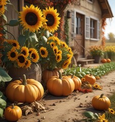 Sunflowers with pumpkins and corn in autumn harvest setting, pumpkins, sun, harvest