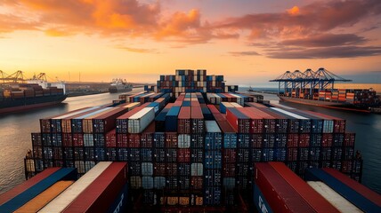 Shipping containers stacked on a cargo ship at sunset in a busy port.