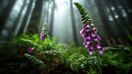 Obraz premium dreamy wide angle photograph of foxglove flowers misty forest. vibrant purple blooms stand out against lush green ferns, creating serene