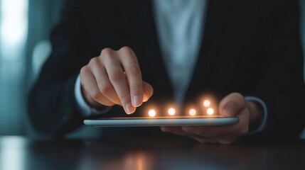 Person's hands holding a tablet with a lit candle on it. the person is wearing a black suit and is sitting at a table.