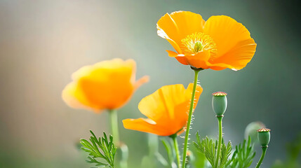 Naklejka premium Bright orange golden poppies bloom gracefully in soft focus background, showcasing their delicate petals and vibrant color