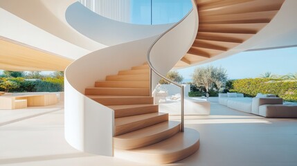 A sleek spiral staircase with light wood steps and minimalistic aluminum railings in a sunny, open-plan villa