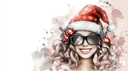 Festive Fun: Cheerful Young Woman in Christmas Hat & Sunglasses - Perfect for Holiday-Themed Posters & Sports Room Decor!