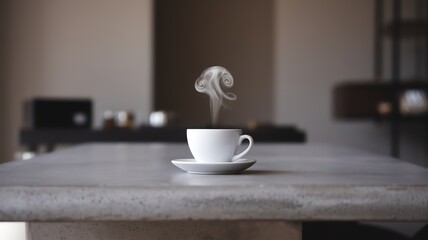 Obraz premium Steaming hot coffee cup on a table in a cozy, modern cafe setting.