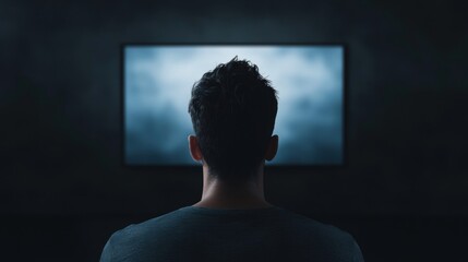Man standing in front of a large tv screen. the man is facing away from the camera, with his back towards the viewer. he is wearing a dark t-shirt and his hair is styled in a messy, spiky manner.