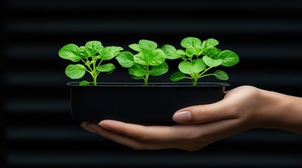 Hand holding a small black pot with three small green plants in it. the pot appears to be made of plastic and is rectangular in shape.