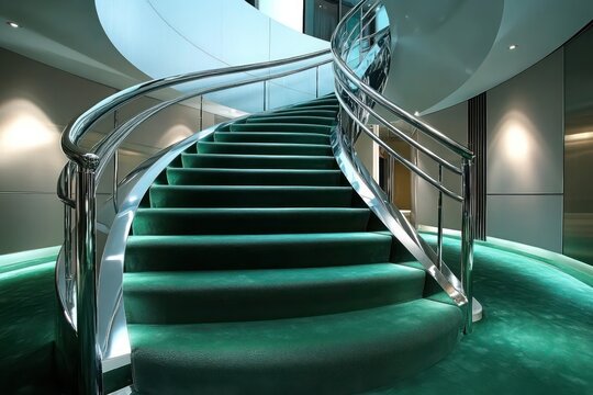 A spiral staircase featuring wide steps with thick forest green carpeting and sleek chrome railings in a contemporary luxury home - Powered by Adobe
