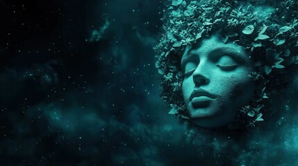 A serene face surrounded by foliage, evoking a sense of nature and tranquility in space.