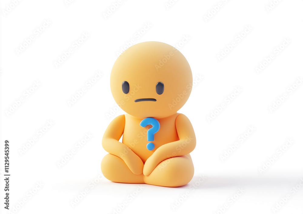 Aufkleber figurine sitting on a white surface with a question mark symbolizing curiosity and uncertainty