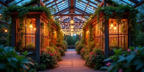 A stunning greenhouse illuminated by warm lights, creating a magical atmosphere filled with lush plants, perfect for inspirations in gardening, event planning, or interior design.