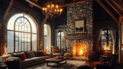 Obraz premium Cozy mountain cabin living room with fireplace, large windows, and rustic decor.